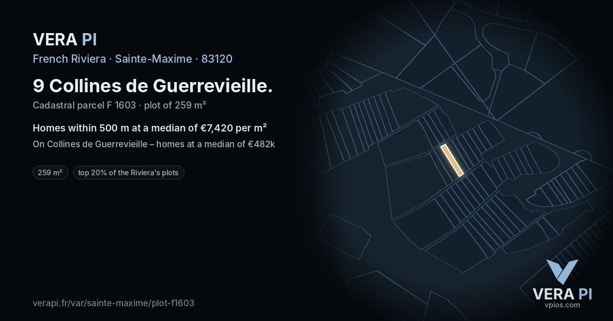 9 Collines de Guerrevieille, Sainte-Maxime at night – the plot lit, the parcels around coloured by the prices near them