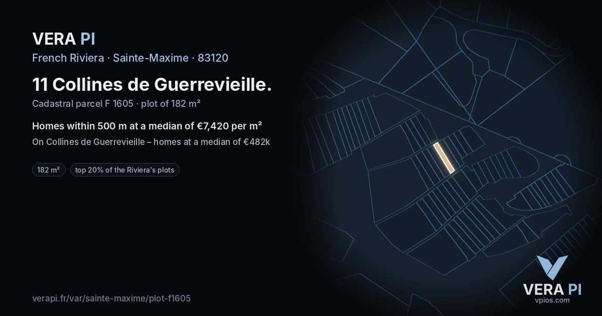 11 Collines de Guerrevieille, Sainte-Maxime at night – the plot lit, the parcels around coloured by the prices near them