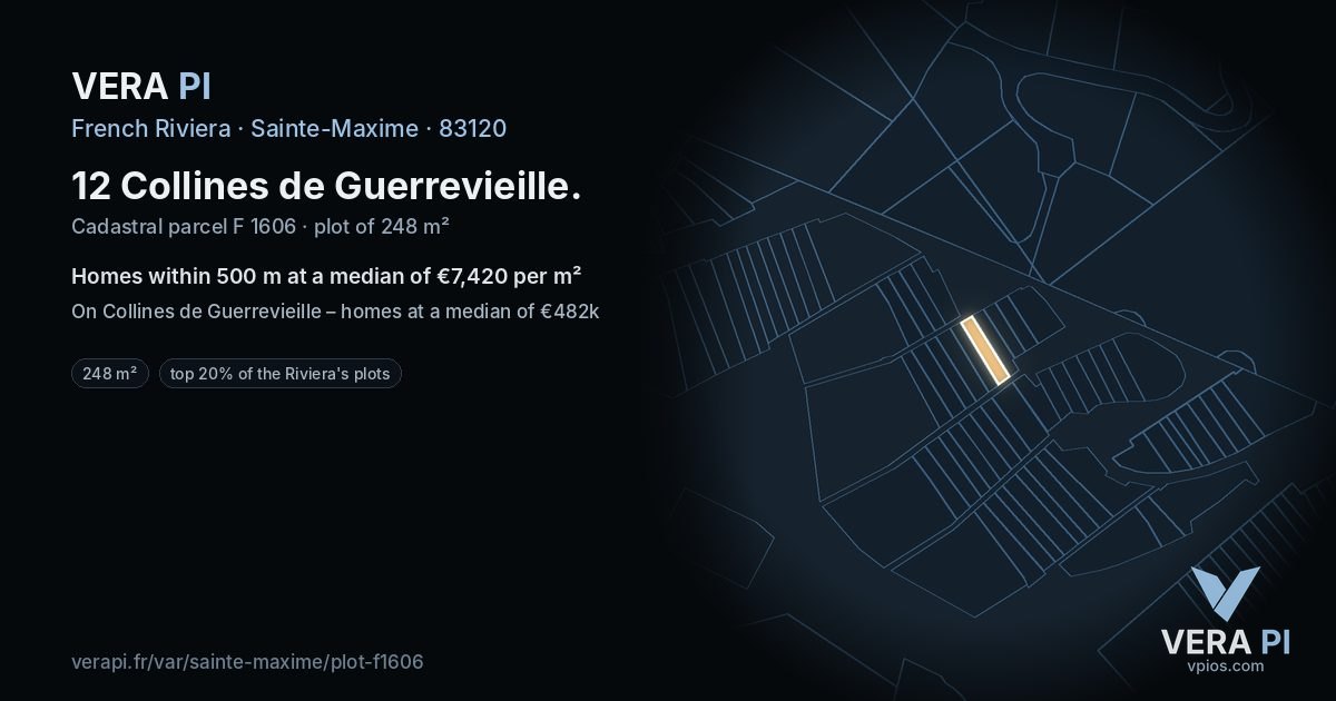 12 Collines de Guerrevieille, Sainte-Maxime at night – the plot lit, the parcels around coloured by the prices near them