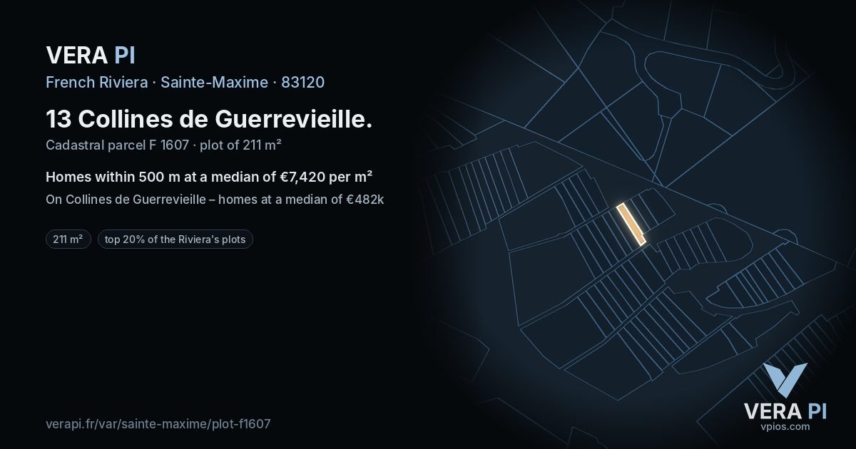 13 Collines de Guerrevieille, Sainte-Maxime at night – the plot lit, the parcels around coloured by the prices near them