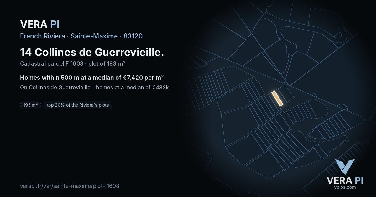 14 Collines de Guerrevieille, Sainte-Maxime at night – the plot lit, the parcels around coloured by the prices near them