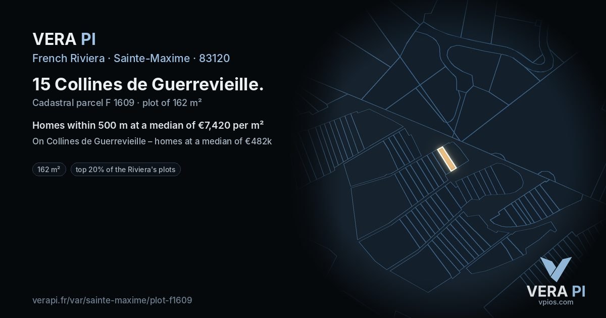 15 Collines de Guerrevieille, Sainte-Maxime at night – the plot lit, the parcels around coloured by the prices near them