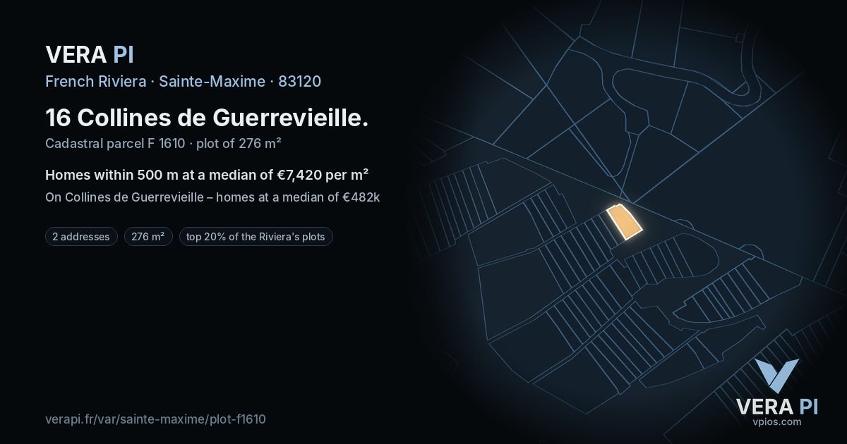16 Collines de Guerrevieille, Sainte-Maxime at night – the plot lit, the parcels around coloured by the prices near them
