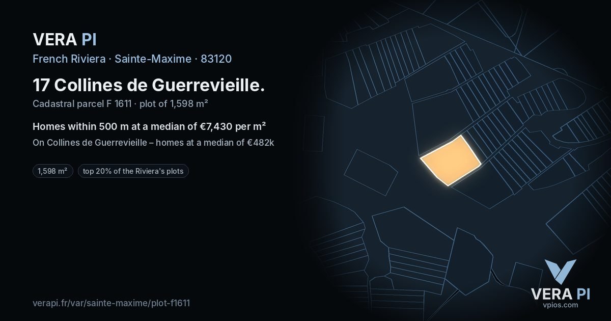 17 Collines de Guerrevieille, Sainte-Maxime at night – the plot lit, the parcels around coloured by the prices near them