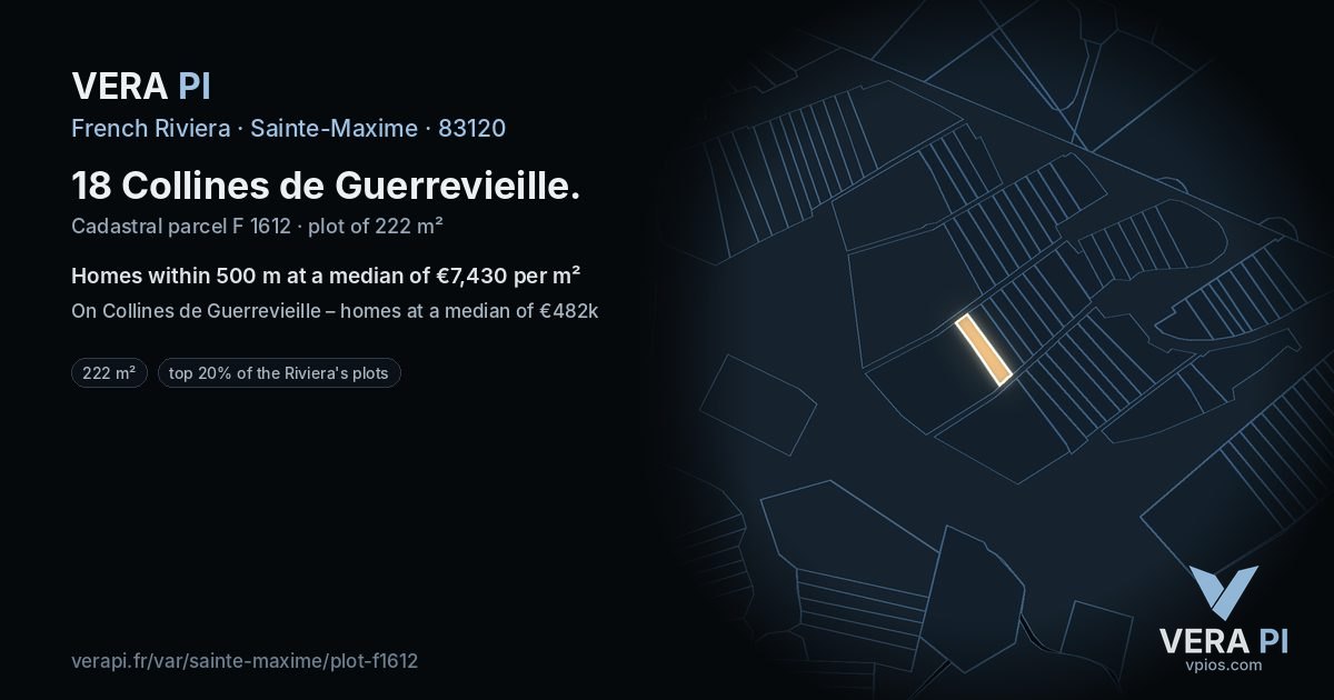 18 Collines de Guerrevieille, Sainte-Maxime at night – the plot lit, the parcels around coloured by the prices near them