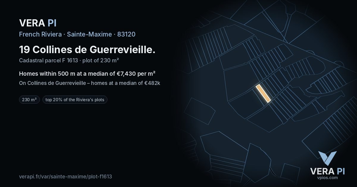 19 Collines de Guerrevieille, Sainte-Maxime at night – the plot lit, the parcels around coloured by the prices near them