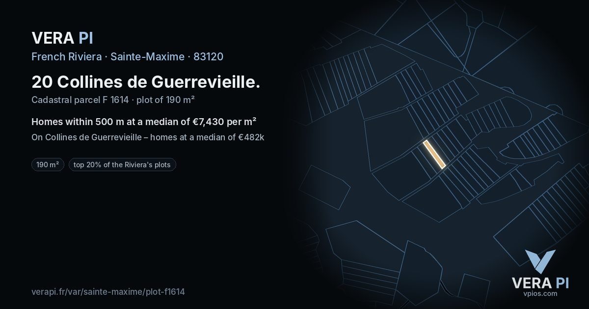 20 Collines de Guerrevieille, Sainte-Maxime at night – the plot lit, the parcels around coloured by the prices near them