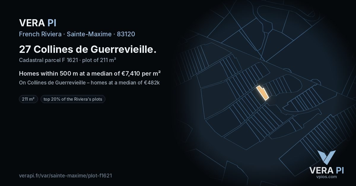 27 Collines de Guerrevieille, Sainte-Maxime at night – the plot lit, the parcels around coloured by the prices near them