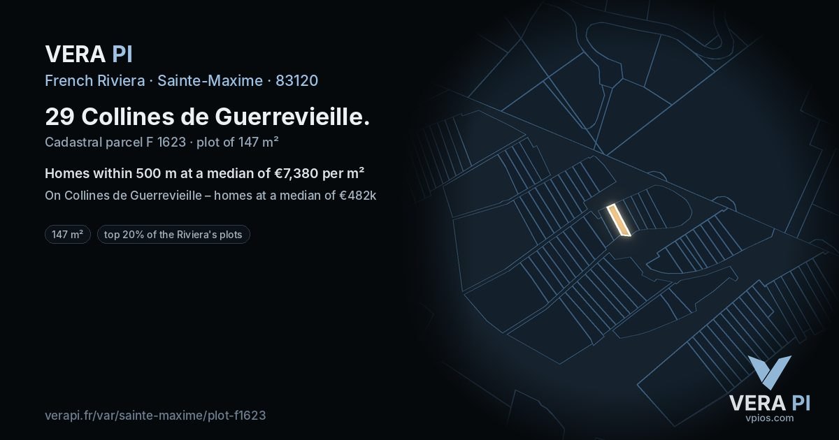 29 Collines de Guerrevieille, Sainte-Maxime at night – the plot lit, the parcels around coloured by the prices near them