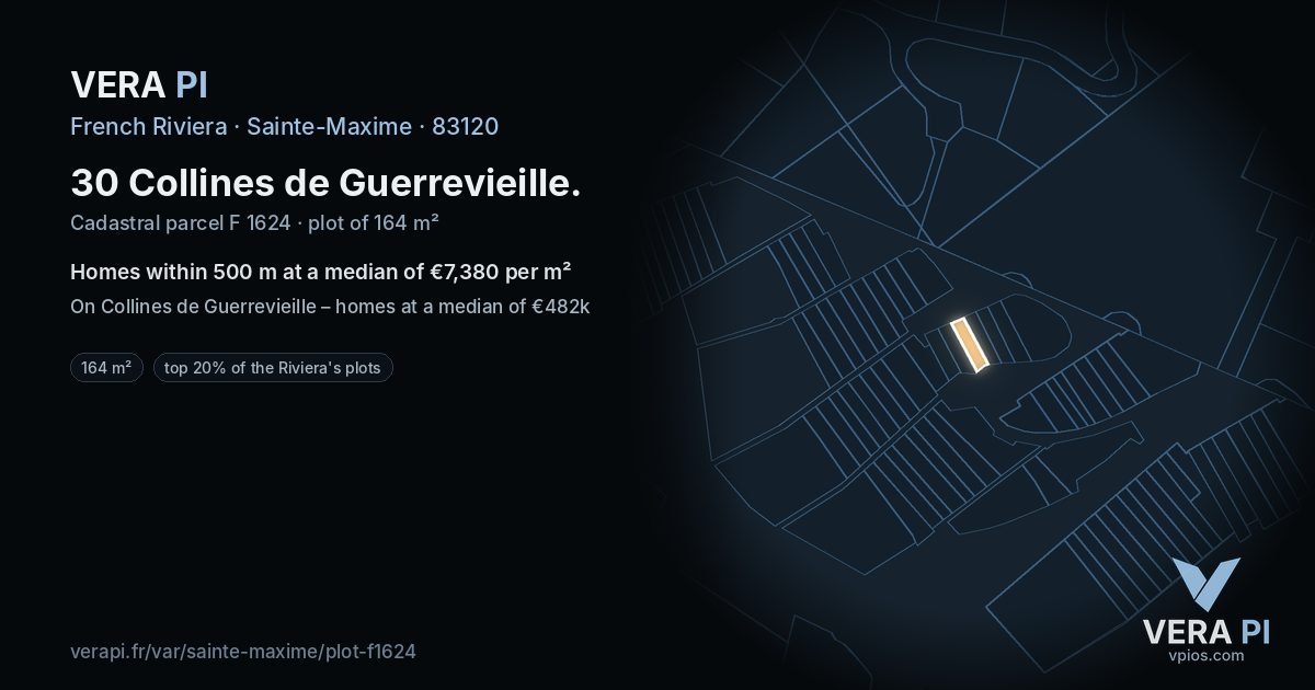 30 Collines de Guerrevieille, Sainte-Maxime at night – the plot lit, the parcels around coloured by the prices near them