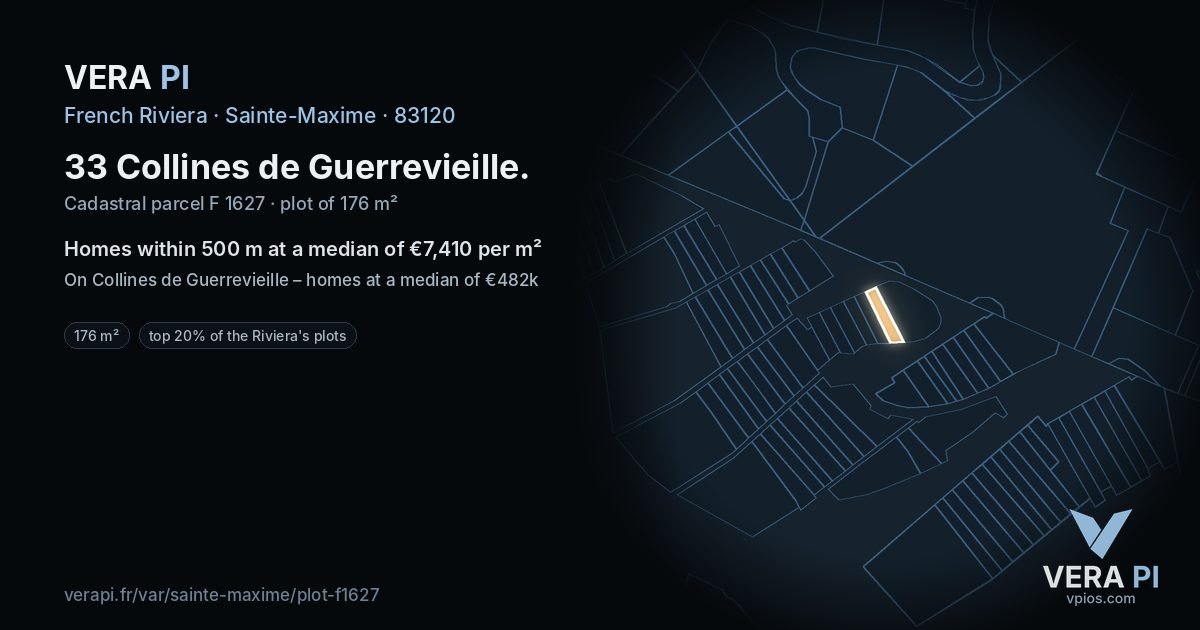 33 Collines de Guerrevieille, Sainte-Maxime at night – the plot lit, the parcels around coloured by the prices near them