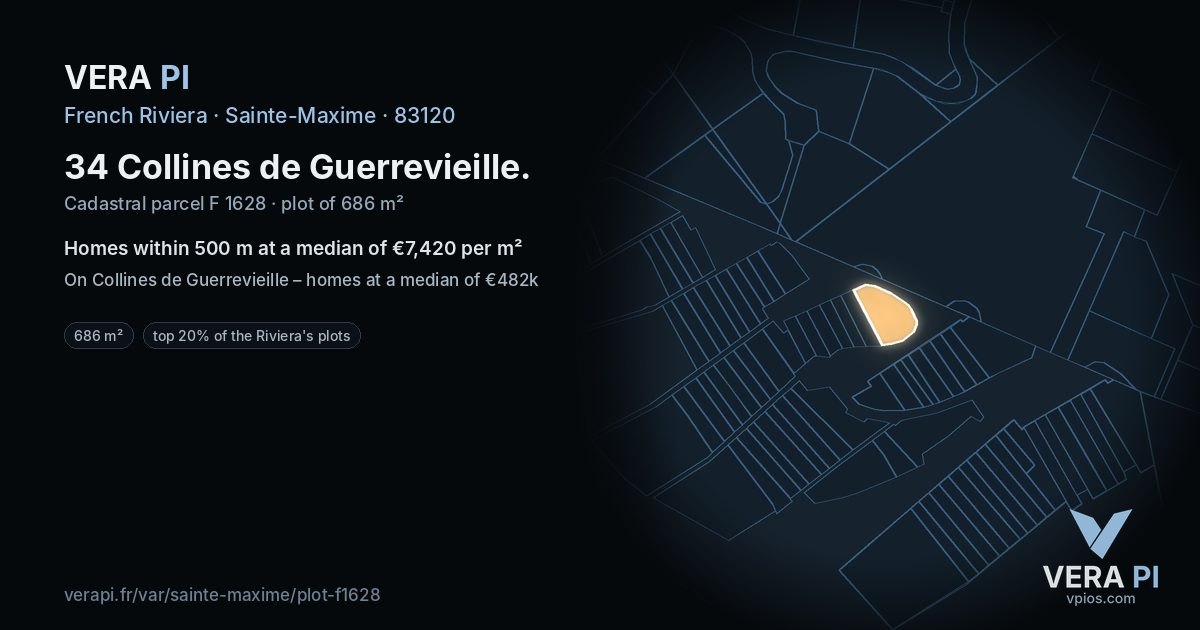 34 Collines de Guerrevieille, Sainte-Maxime at night – the plot lit, the parcels around coloured by the prices near them