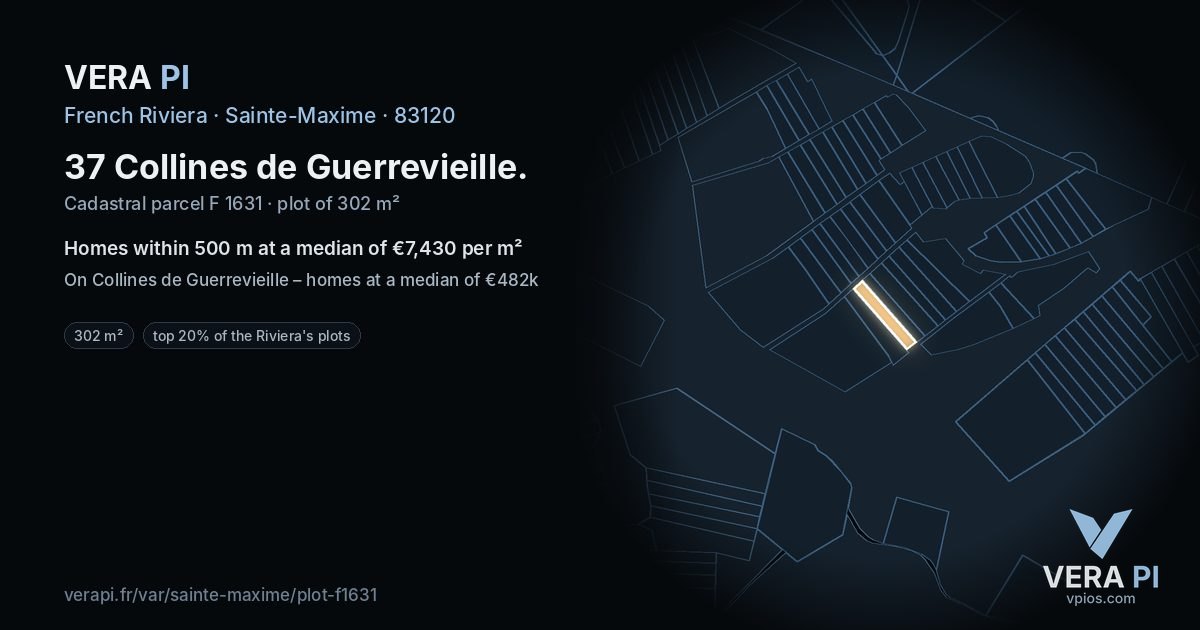 37 Collines de Guerrevieille, Sainte-Maxime at night – the plot lit, the parcels around coloured by the prices near them