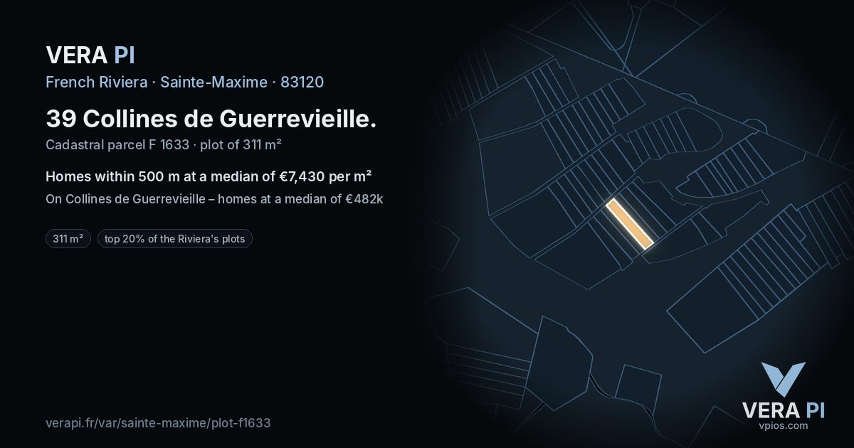 39 Collines de Guerrevieille, Sainte-Maxime at night – the plot lit, the parcels around coloured by the prices near them