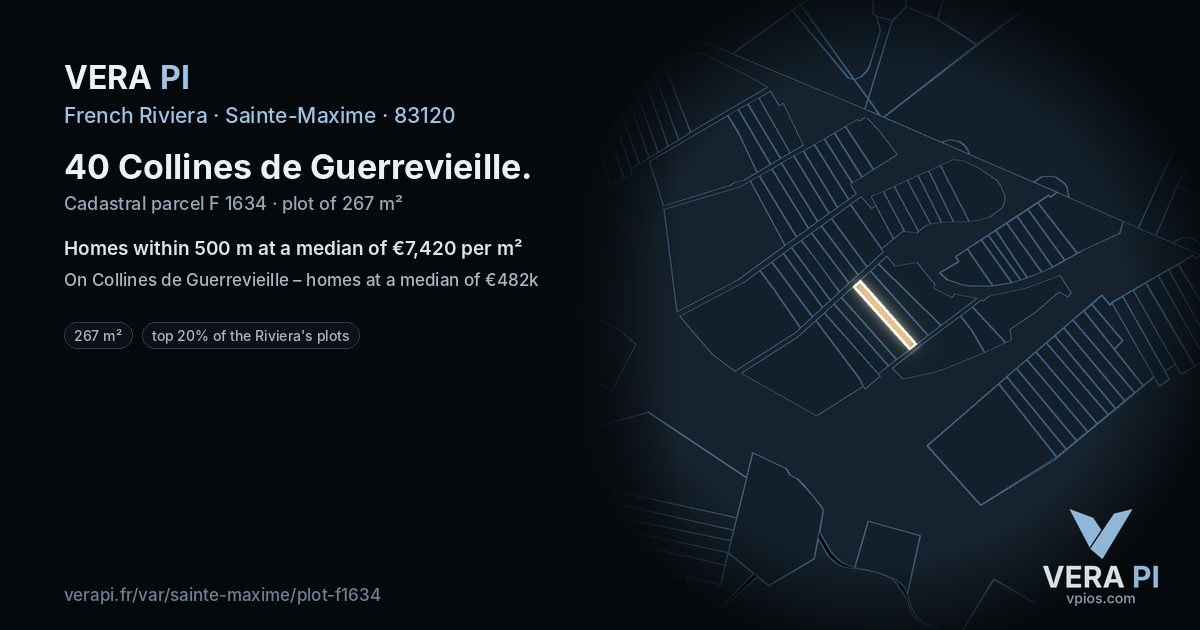 40 Collines de Guerrevieille, Sainte-Maxime at night – the plot lit, the parcels around coloured by the prices near them