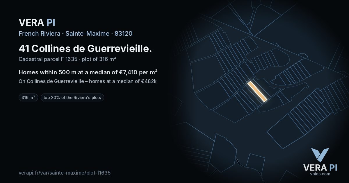41 Collines de Guerrevieille, Sainte-Maxime at night – the plot lit, the parcels around coloured by the prices near them