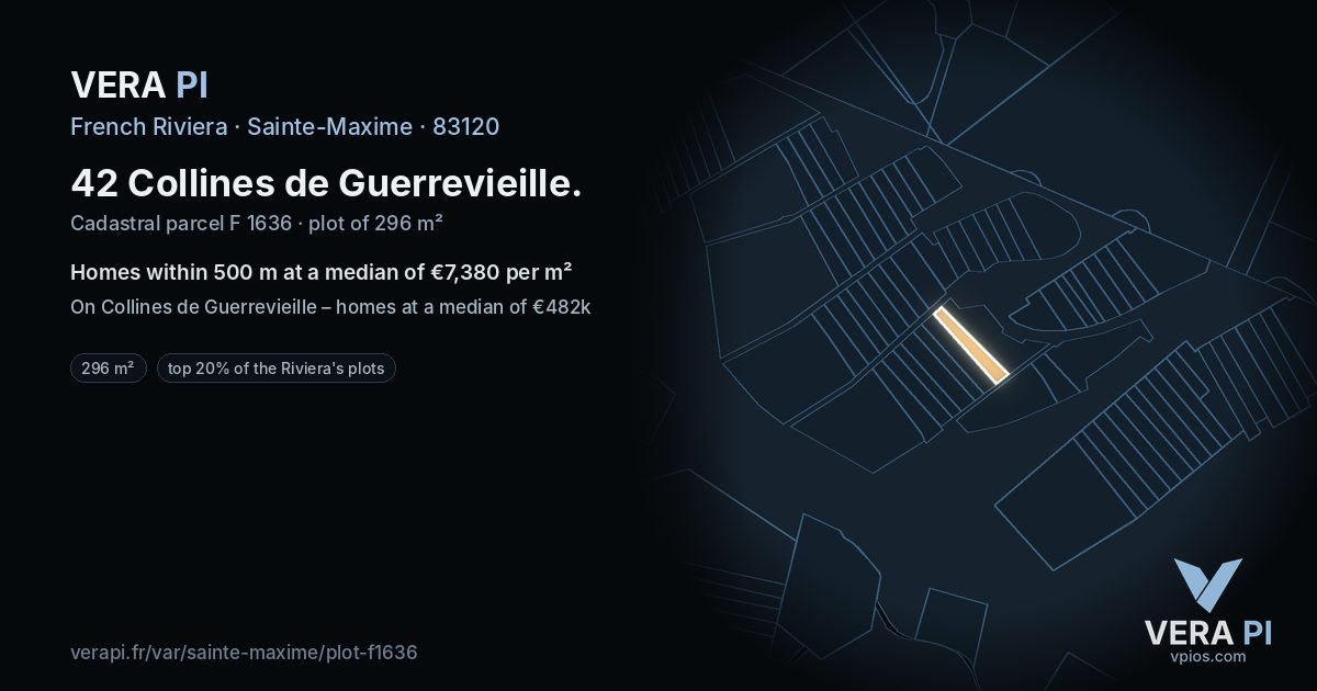 42 Collines de Guerrevieille, Sainte-Maxime at night – the plot lit, the parcels around coloured by the prices near them