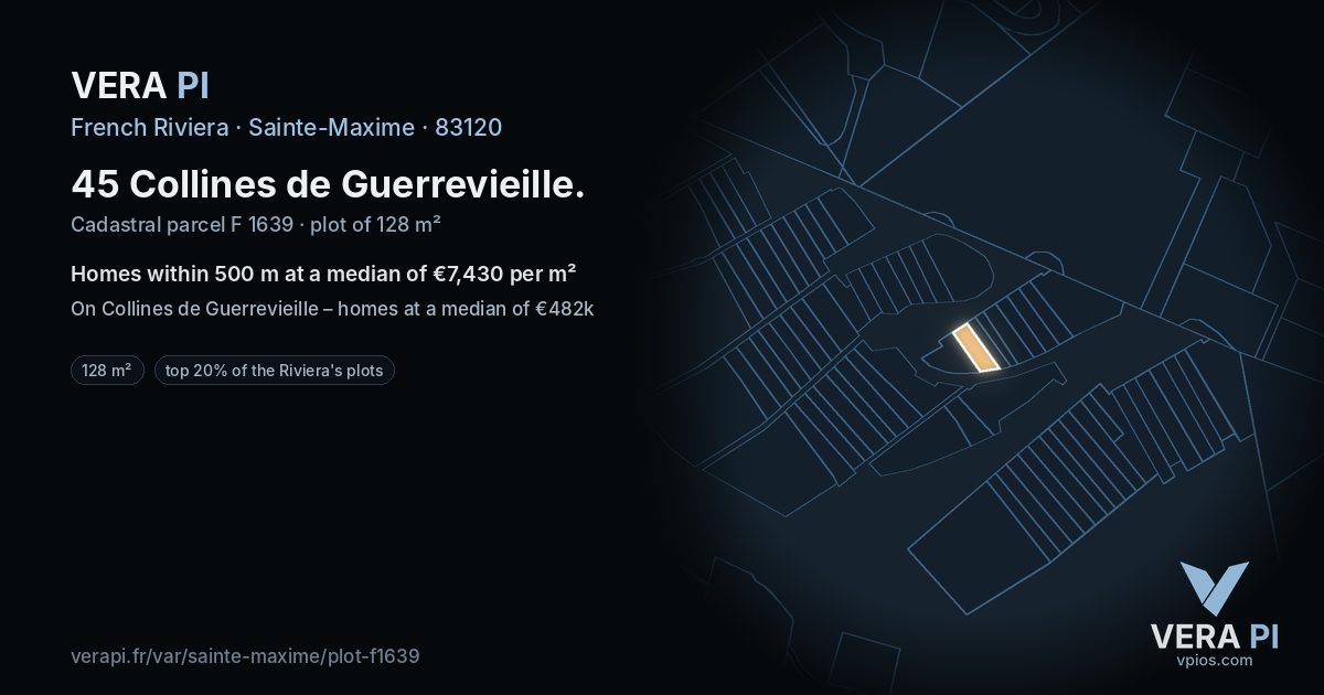 45 Collines de Guerrevieille, Sainte-Maxime at night – the plot lit, the parcels around coloured by the prices near them