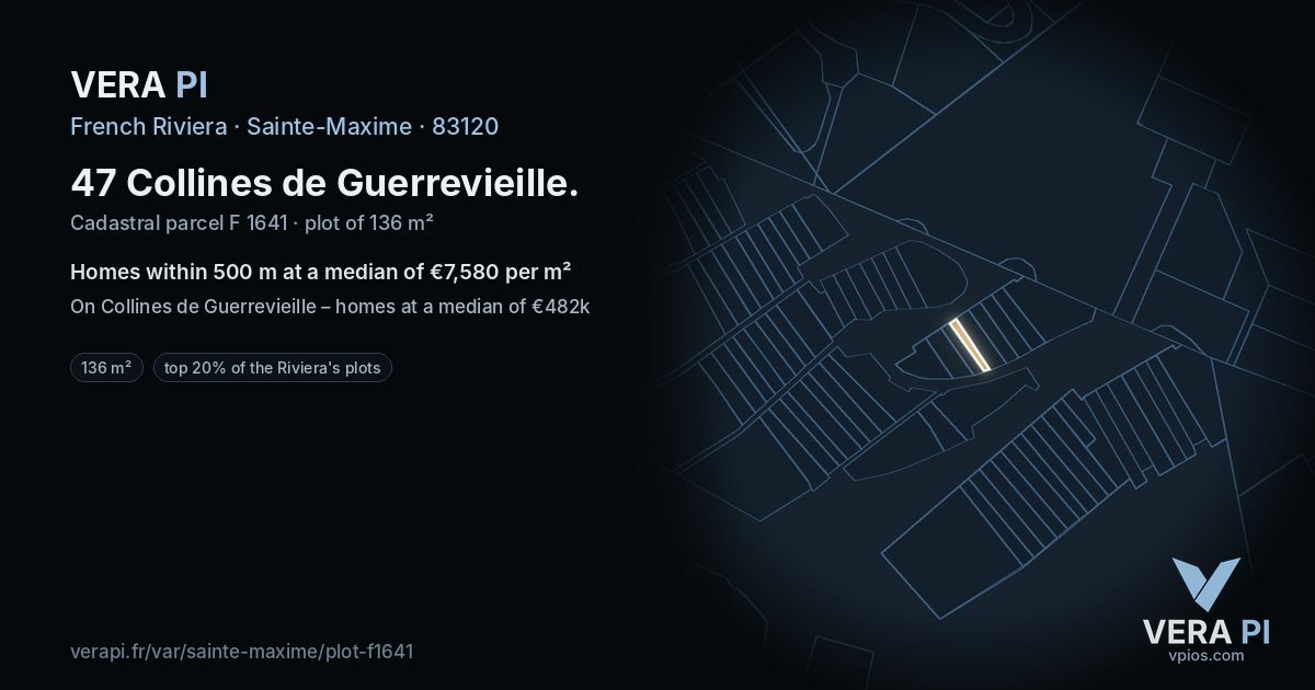 47 Collines de Guerrevieille, Sainte-Maxime at night – the plot lit, the parcels around coloured by the prices near them