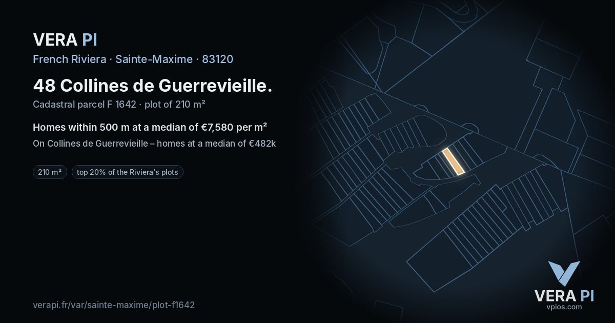 48 Collines de Guerrevieille, Sainte-Maxime at night – the plot lit, the parcels around coloured by the prices near them