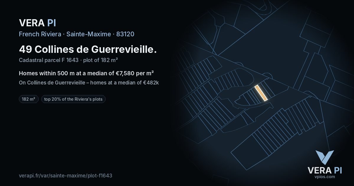 49 Collines de Guerrevieille, Sainte-Maxime at night – the plot lit, the parcels around coloured by the prices near them