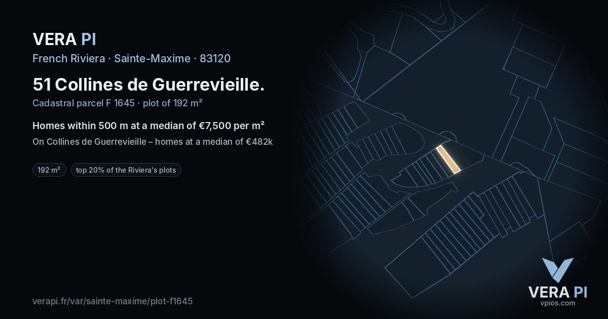 51 Collines de Guerrevieille, Sainte-Maxime at night – the plot lit, the parcels around coloured by the prices near them