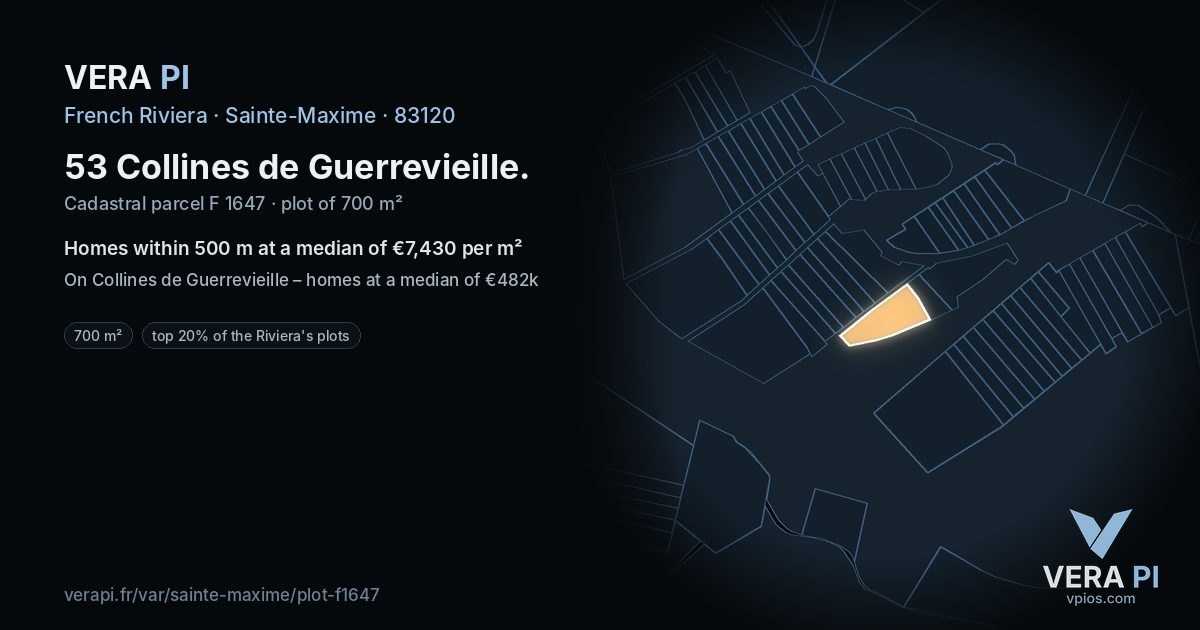 53 Collines de Guerrevieille, Sainte-Maxime at night – the plot lit, the parcels around coloured by the prices near them