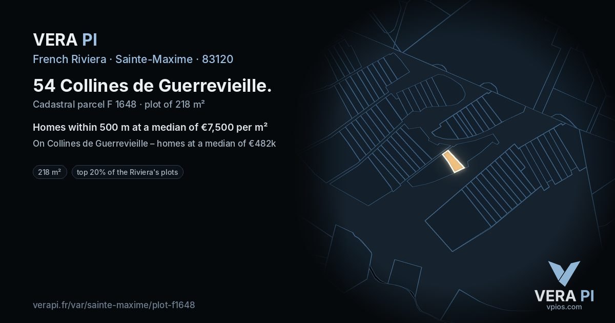 54 Collines de Guerrevieille, Sainte-Maxime at night – the plot lit, the parcels around coloured by the prices near them