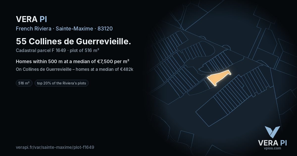 55 Collines de Guerrevieille, Sainte-Maxime at night – the plot lit, the parcels around coloured by the prices near them