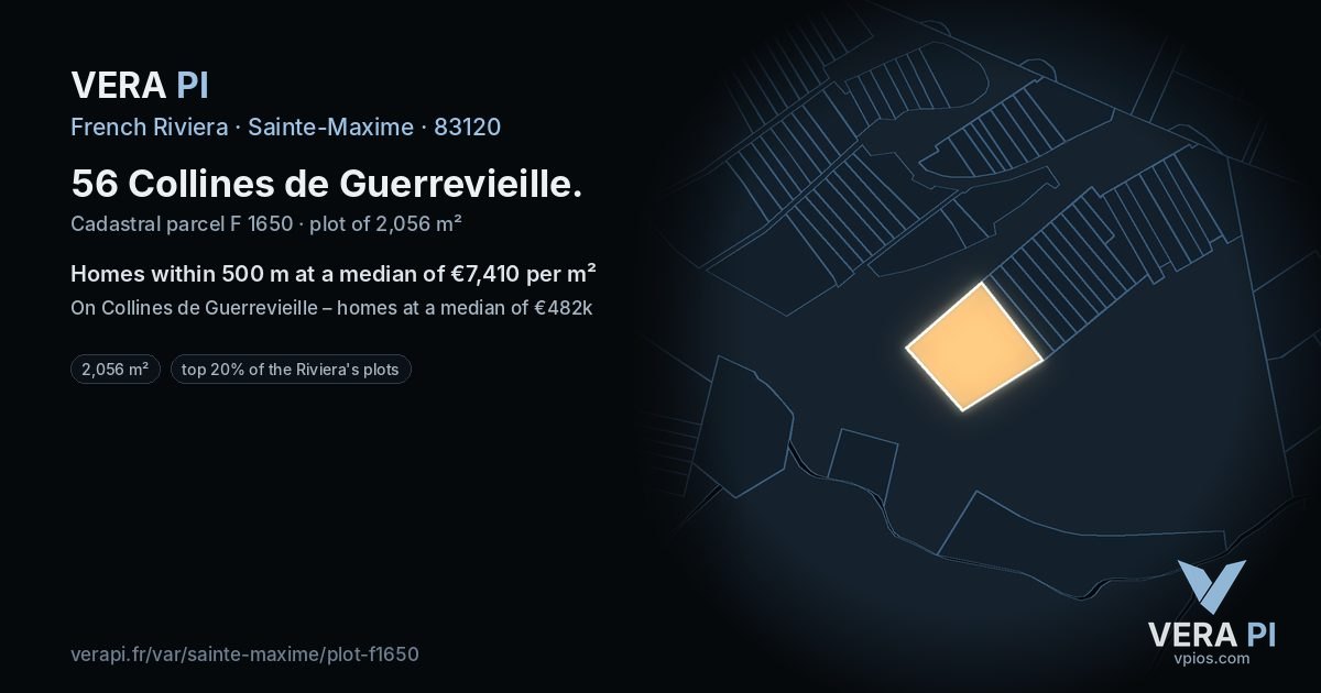 56 Collines de Guerrevieille, Sainte-Maxime at night – the plot lit, the parcels around coloured by the prices near them
