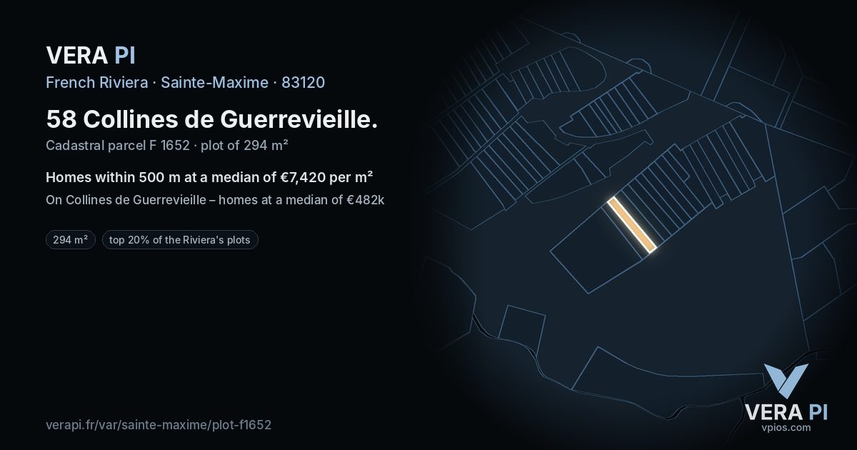 58 Collines de Guerrevieille, Sainte-Maxime at night – the plot lit, the parcels around coloured by the prices near them