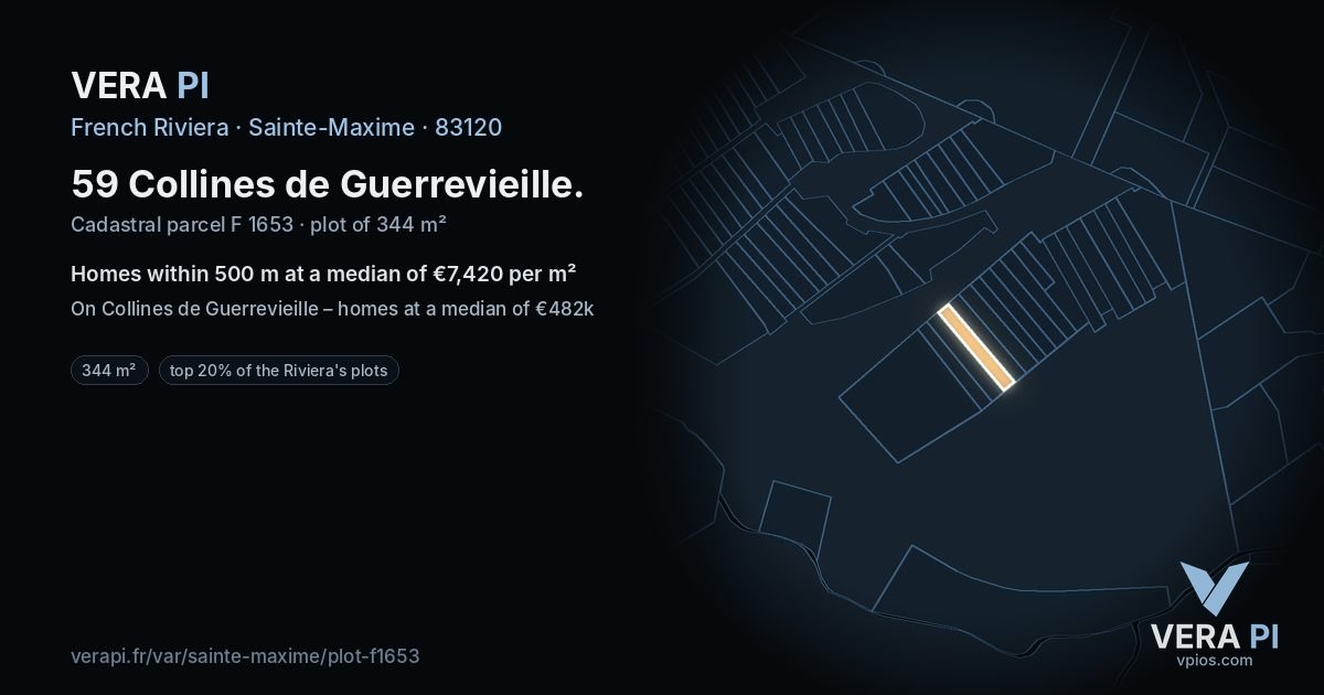 59 Collines de Guerrevieille, Sainte-Maxime at night – the plot lit, the parcels around coloured by the prices near them