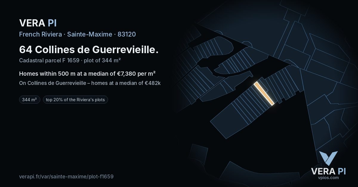 64 Collines de Guerrevieille, Sainte-Maxime at night – the plot lit, the parcels around coloured by the prices near them
