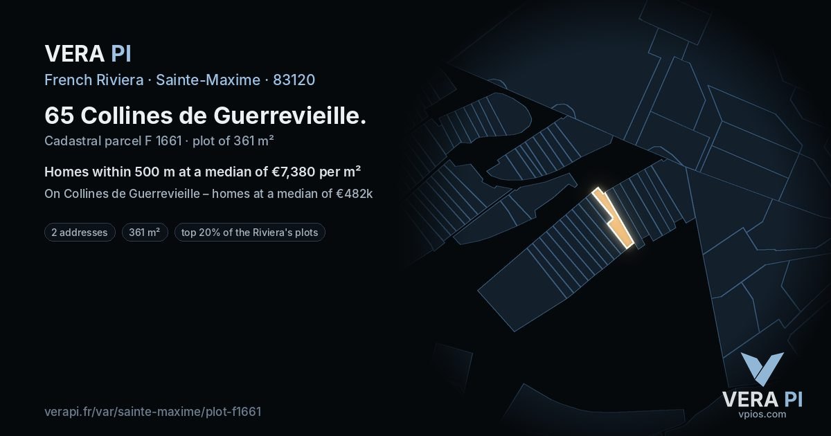 65 Collines de Guerrevieille, Sainte-Maxime at night – the plot lit, the parcels around coloured by the prices near them