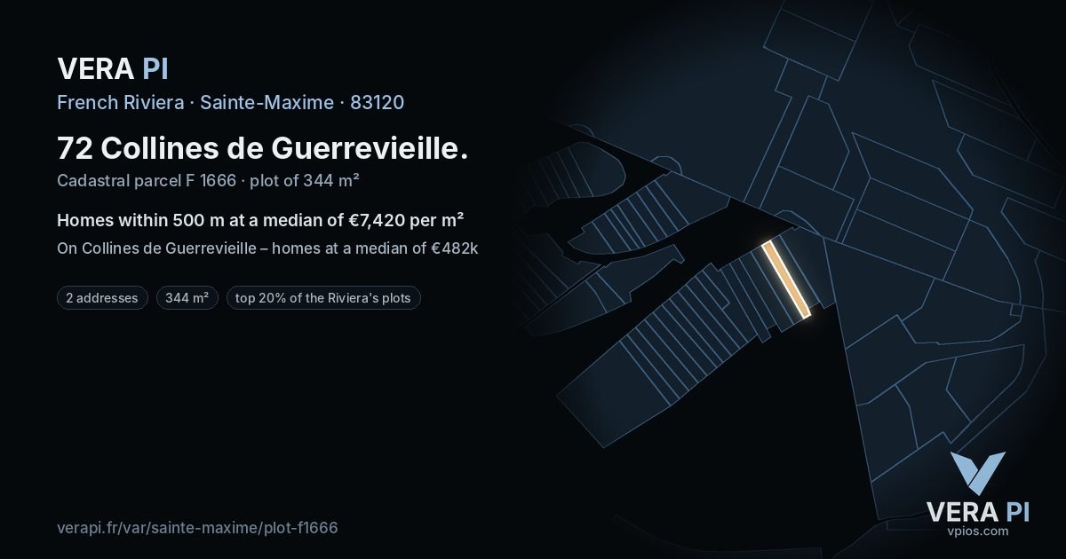 72 Collines de Guerrevieille, Sainte-Maxime at night – the plot lit, the parcels around coloured by the prices near them