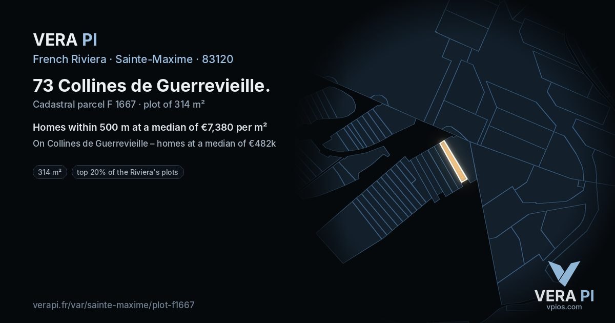73 Collines de Guerrevieille, Sainte-Maxime at night – the plot lit, the parcels around coloured by the prices near them