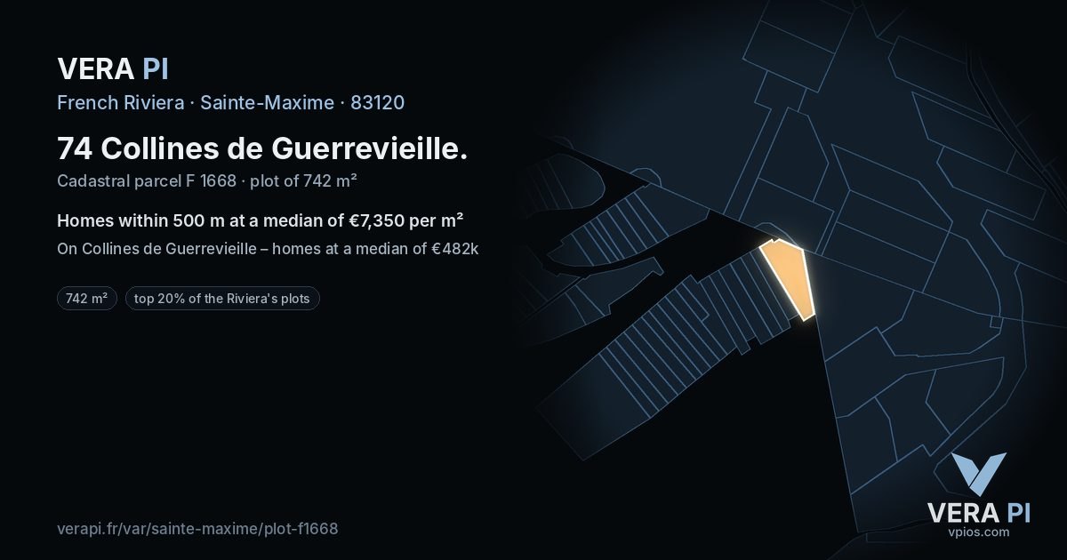 74 Collines de Guerrevieille, Sainte-Maxime at night – the plot lit, the parcels around coloured by the prices near them
