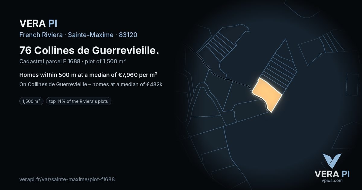 76 Collines de Guerrevieille, Sainte-Maxime at night – the plot lit, the parcels around coloured by the prices near them