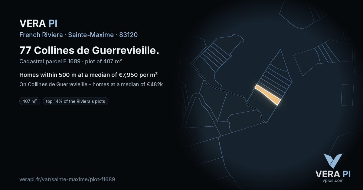 77 Collines de Guerrevieille, Sainte-Maxime at night – the plot lit, the parcels around coloured by the prices near them