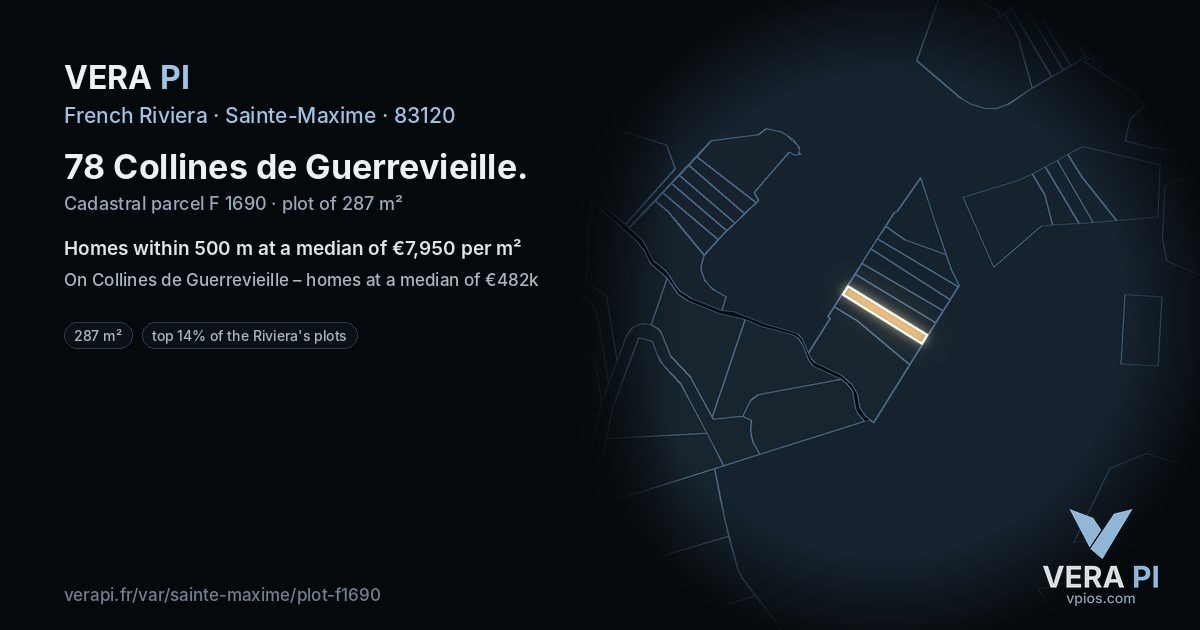 78 Collines de Guerrevieille, Sainte-Maxime at night – the plot lit, the parcels around coloured by the prices near them