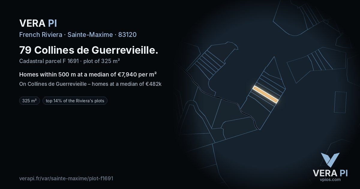 79 Collines de Guerrevieille, Sainte-Maxime at night – the plot lit, the parcels around coloured by the prices near them