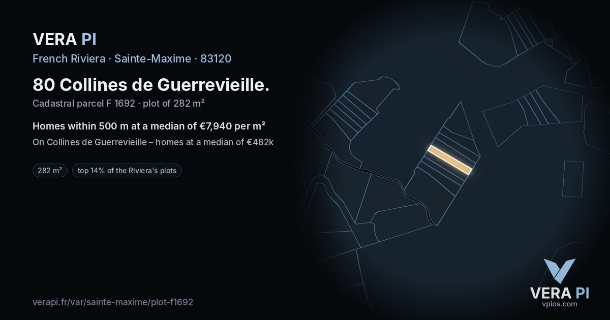 80 Collines de Guerrevieille, Sainte-Maxime at night – the plot lit, the parcels around coloured by the prices near them
