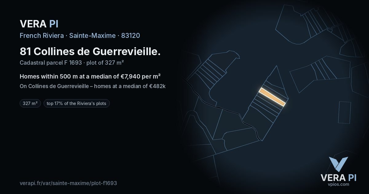 81 Collines de Guerrevieille, Sainte-Maxime at night – the plot lit, the parcels around coloured by the prices near them