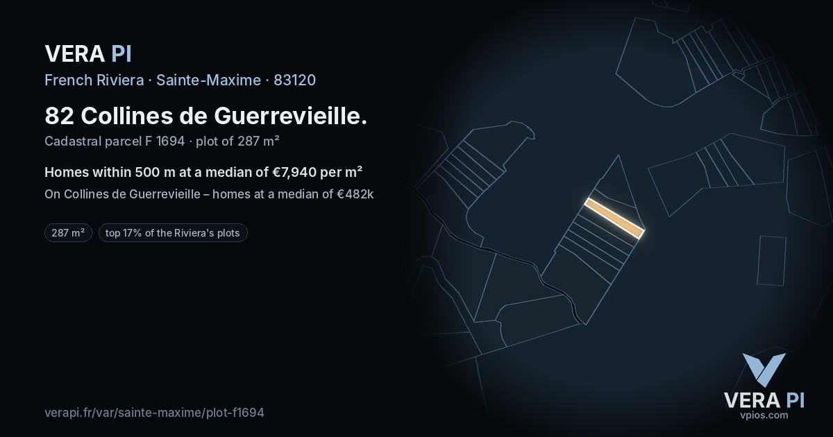 82 Collines de Guerrevieille, Sainte-Maxime at night – the plot lit, the parcels around coloured by the prices near them
