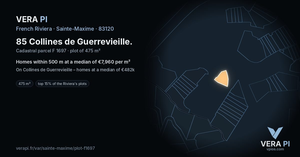 85 Collines de Guerrevieille, Sainte-Maxime at night – the plot lit, the parcels around coloured by the prices near them