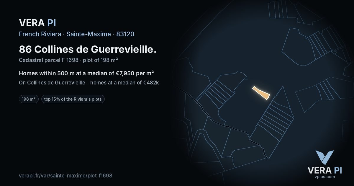86 Collines de Guerrevieille, Sainte-Maxime at night – the plot lit, the parcels around coloured by the prices near them
