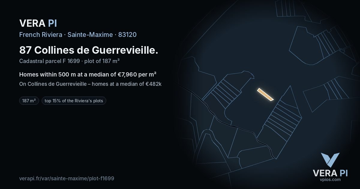 87 Collines de Guerrevieille, Sainte-Maxime at night – the plot lit, the parcels around coloured by the prices near them