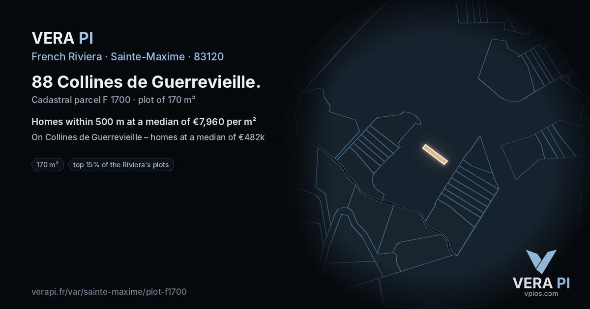 88 Collines de Guerrevieille, Sainte-Maxime at night – the plot lit, the parcels around coloured by the prices near them