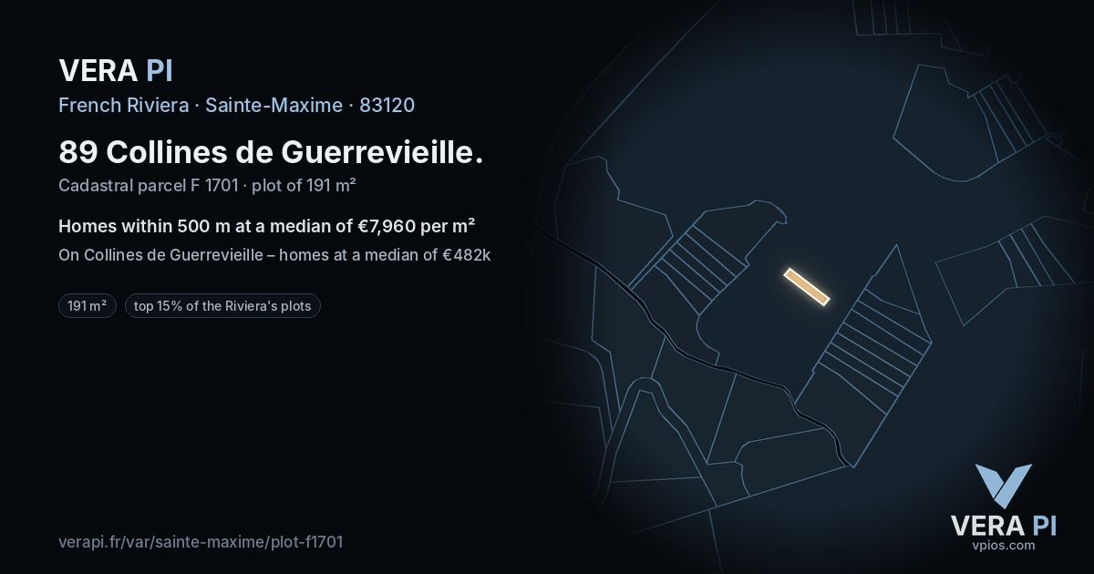 89 Collines de Guerrevieille, Sainte-Maxime at night – the plot lit, the parcels around coloured by the prices near them