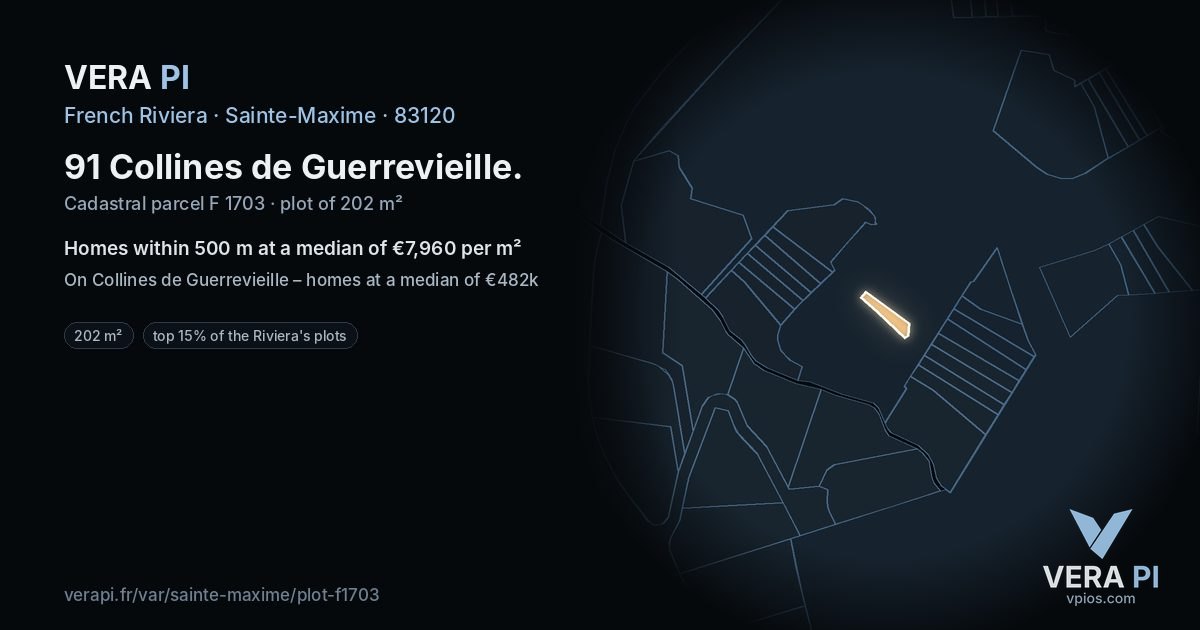 91 Collines de Guerrevieille, Sainte-Maxime at night – the plot lit, the parcels around coloured by the prices near them